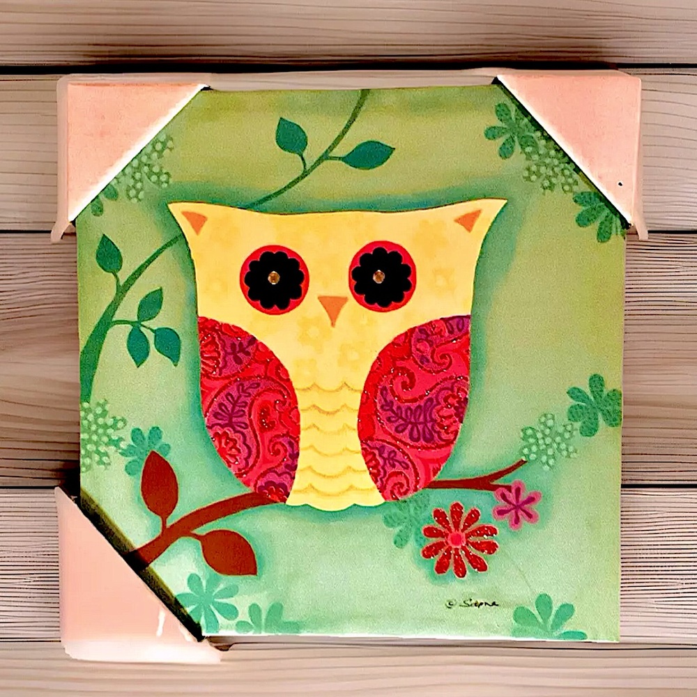 🦉ARTISSIMO DESIGNS🦉Colorful GLITTER PAISLEY WINGS RHINESTONE EYES Owl Canvas Art